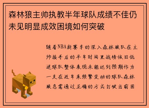 森林狼主帅执教半年球队成绩不佳仍未见明显成效困境如何突破