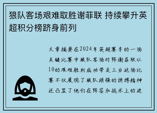 狼队客场艰难取胜谢菲联 持续攀升英超积分榜跻身前列