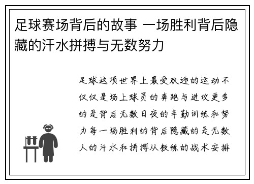 足球赛场背后的故事 一场胜利背后隐藏的汗水拼搏与无数努力