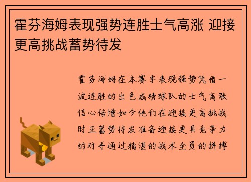 霍芬海姆表现强势连胜士气高涨 迎接更高挑战蓄势待发