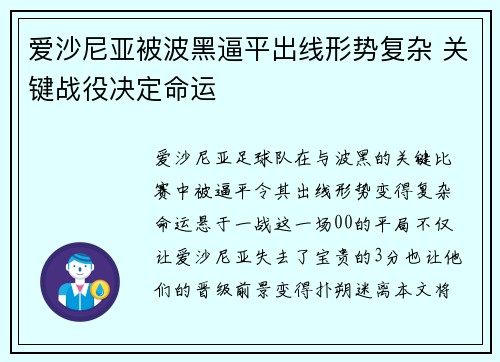 爱沙尼亚被波黑逼平出线形势复杂 关键战役决定命运
