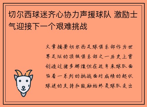 切尔西球迷齐心协力声援球队 激励士气迎接下一个艰难挑战