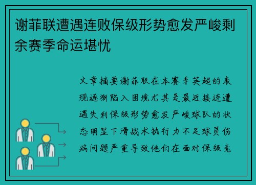 谢菲联遭遇连败保级形势愈发严峻剩余赛季命运堪忧