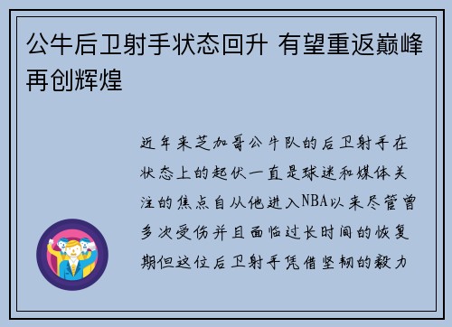 公牛后卫射手状态回升 有望重返巅峰再创辉煌