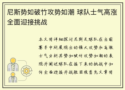 尼斯势如破竹攻势如潮 球队士气高涨全面迎接挑战