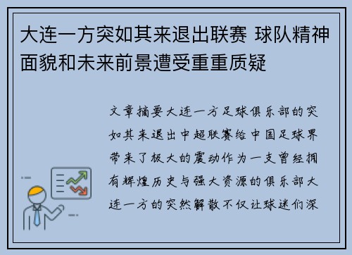 大连一方突如其来退出联赛 球队精神面貌和未来前景遭受重重质疑