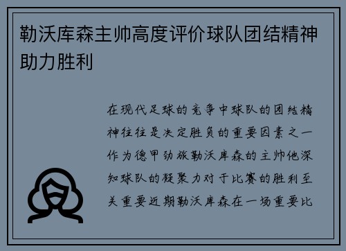 勒沃库森主帅高度评价球队团结精神助力胜利