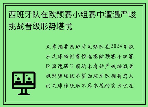 西班牙队在欧预赛小组赛中遭遇严峻挑战晋级形势堪忧