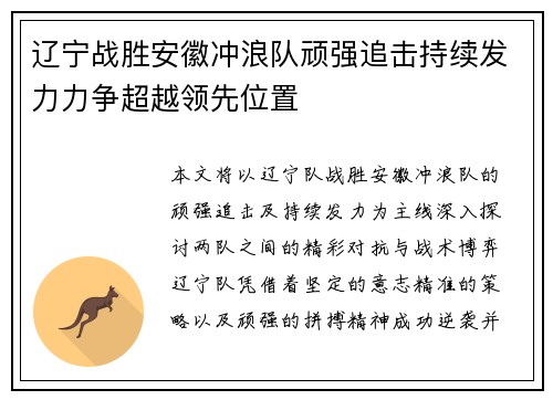 辽宁战胜安徽冲浪队顽强追击持续发力力争超越领先位置
